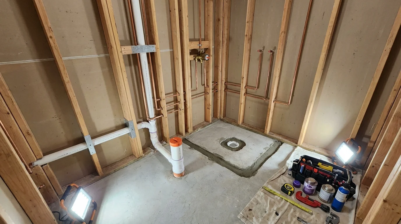 Bathroom rough-in plumbing during remodel by Johns Plumbing LLC in Atherton