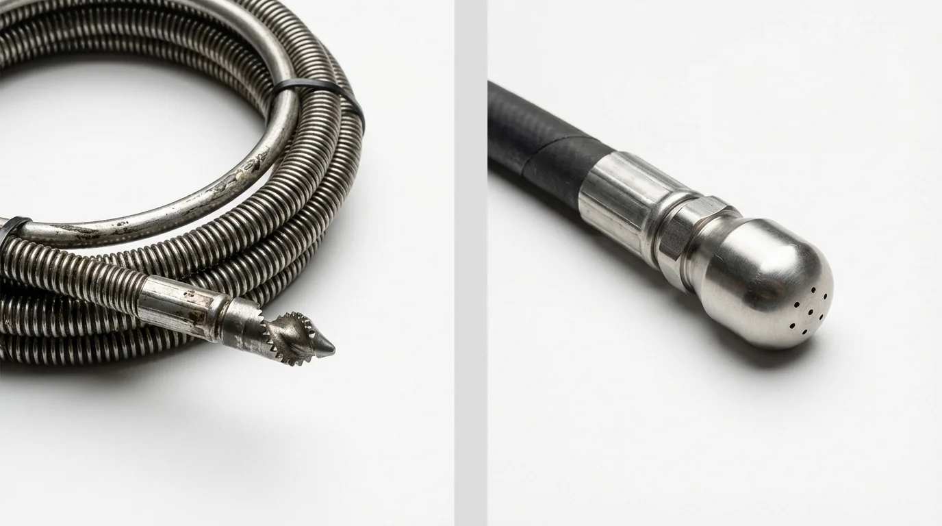 Drain snake cable and hydro jetting nozzle used for drain cleaning in Atherton, CA