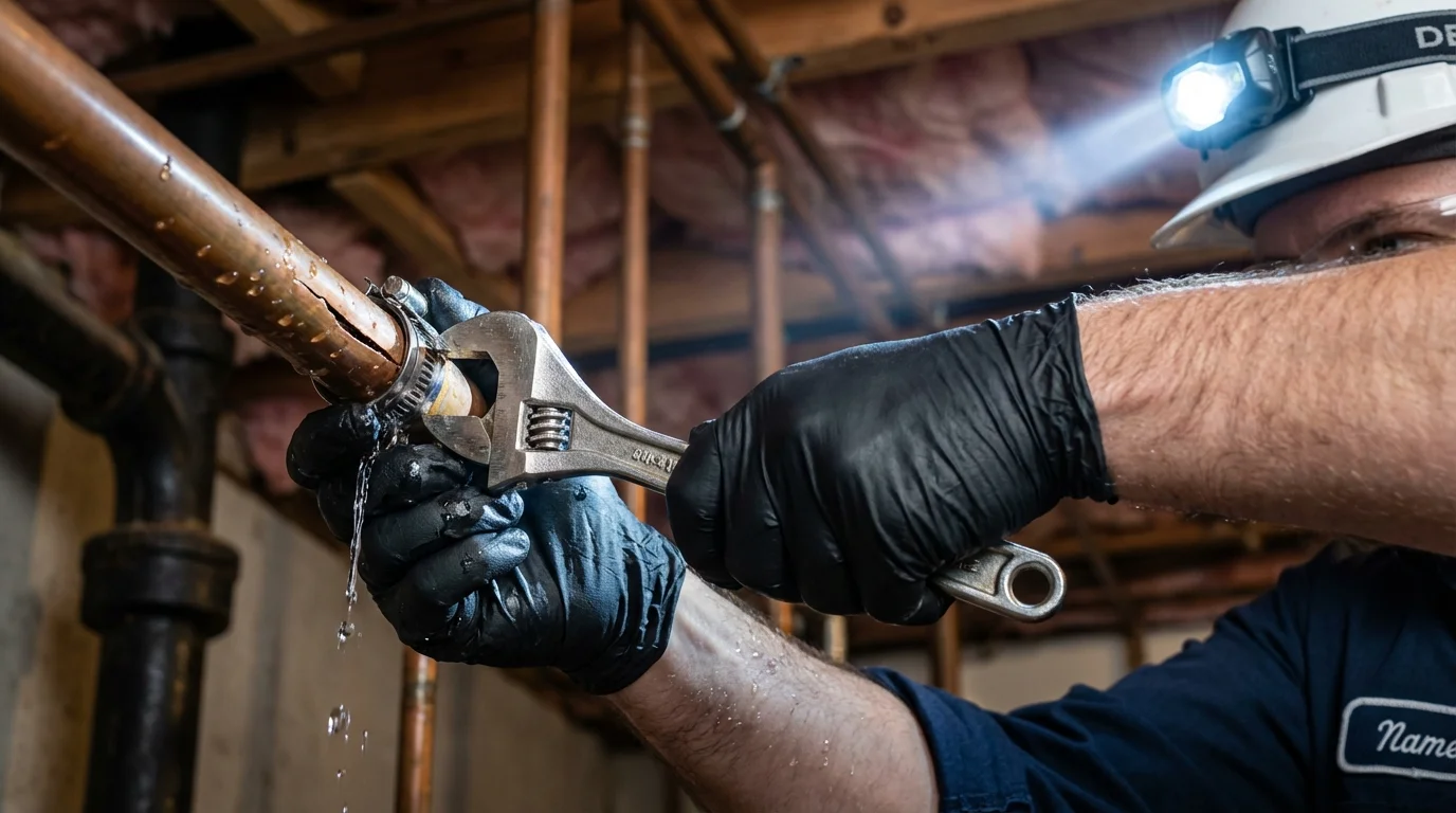 Emergency pipe clamp repair being performed by a Johns Plumbing LLC plumber in Atherton