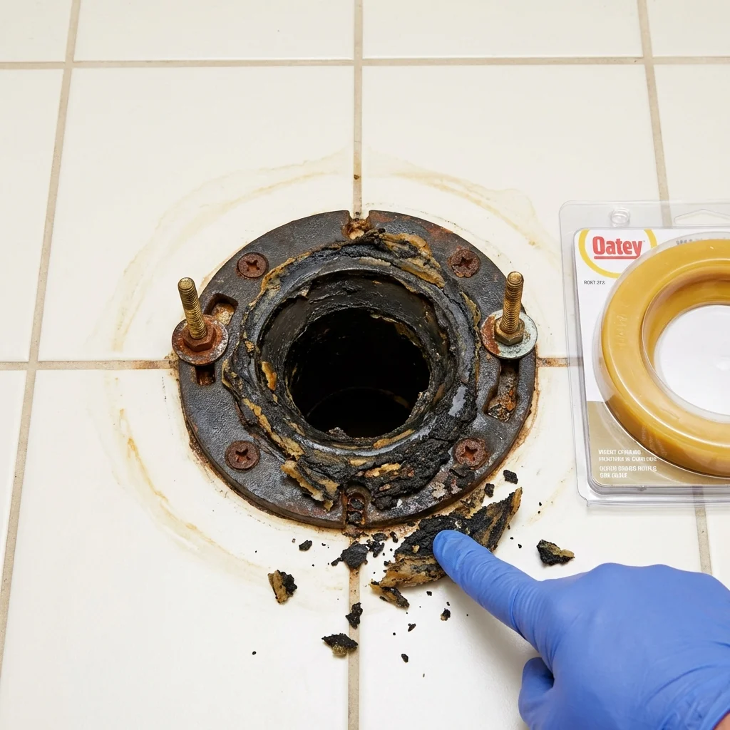 Failed wax ring showing water seepage at the base of a toilet in a Atherton, CA home