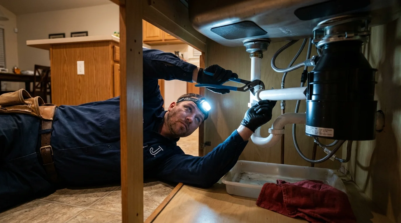 P-trap and supply line connections under a kitchen sink showing a common leak point in Atherton, CA